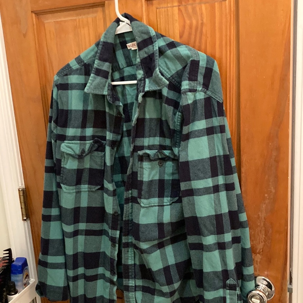 Plaid teal navy button down shirt
